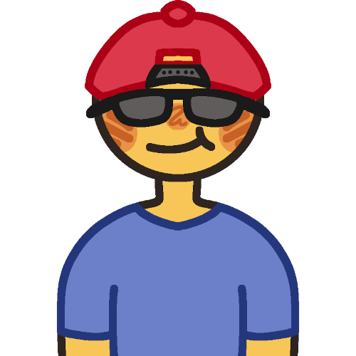  A yellow person with a smug grin and wearing a blue shirt, sunglasses, and a red baseball cap facing backwards.